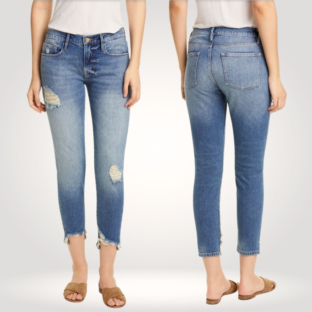 FRAME Womens Le Garcon Distressed Denim Crop Fray Hem Jeans in Newport Size 24
